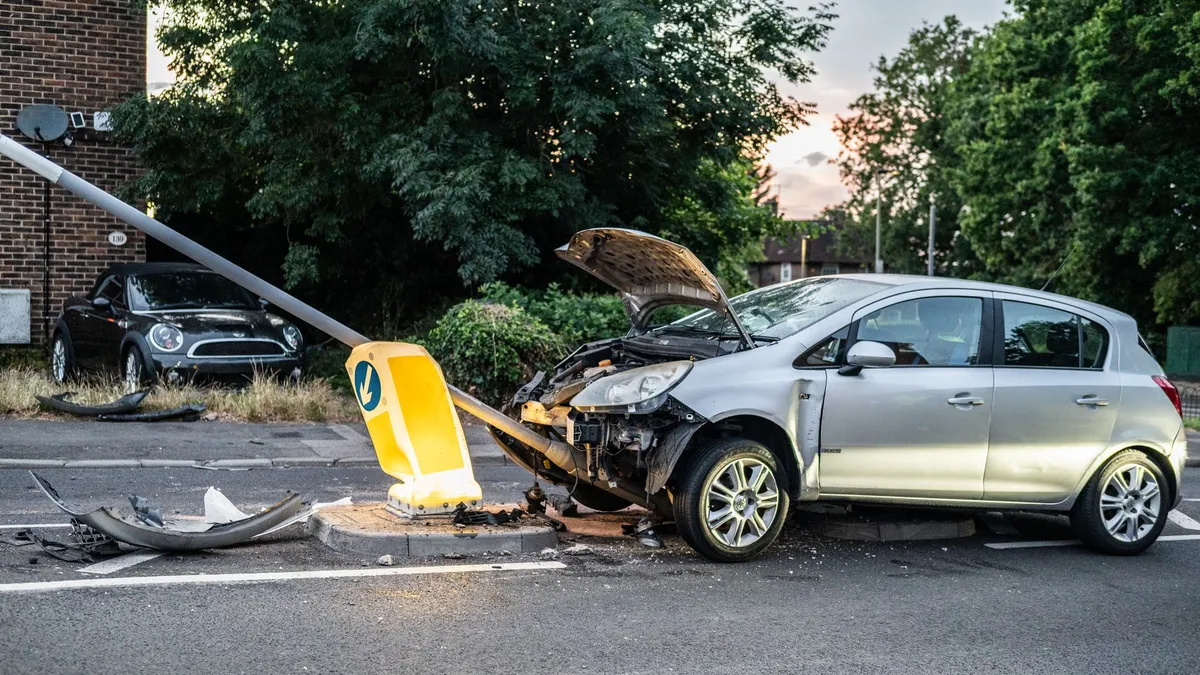 totaled car accident scene
