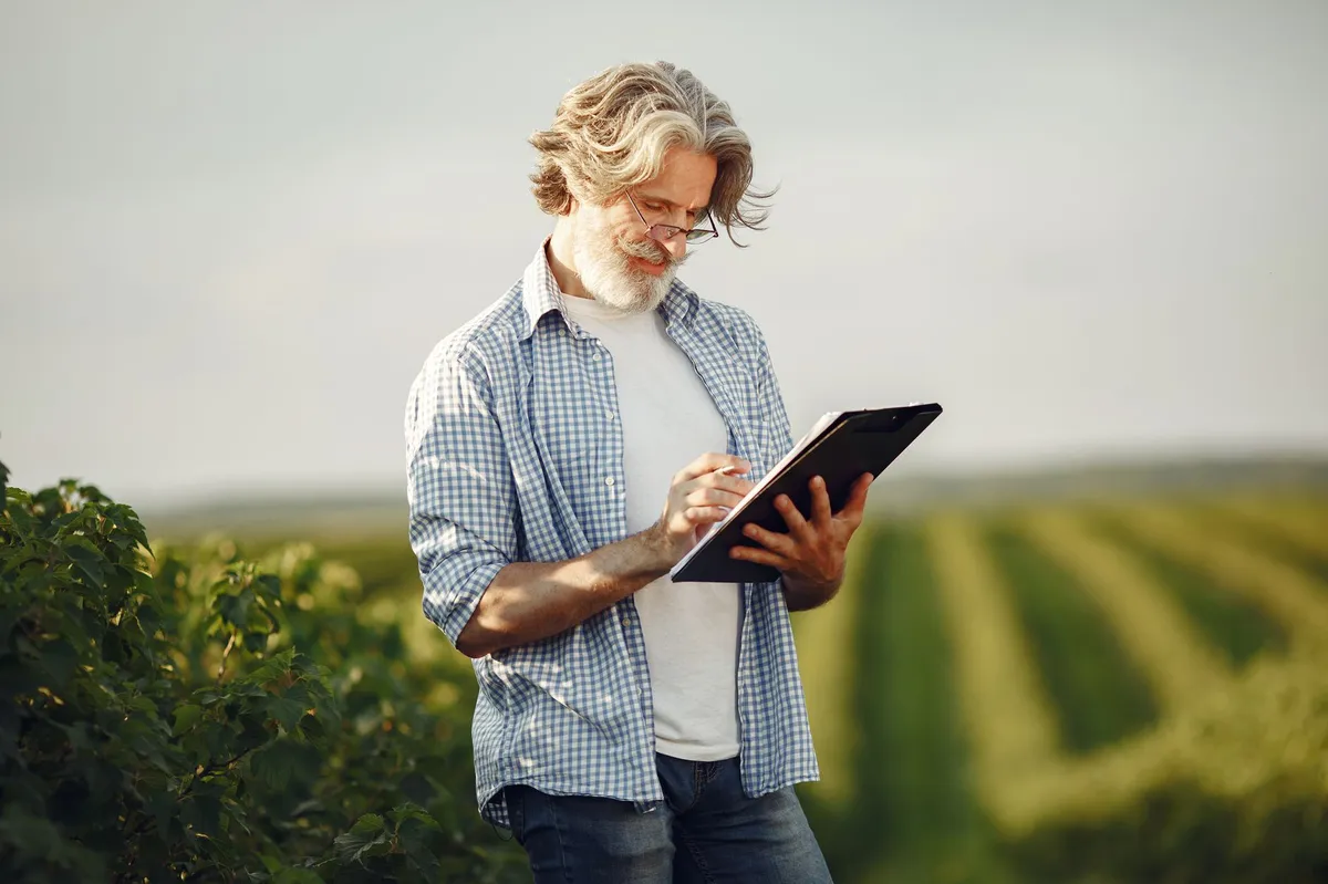 farmer checking wheat crop